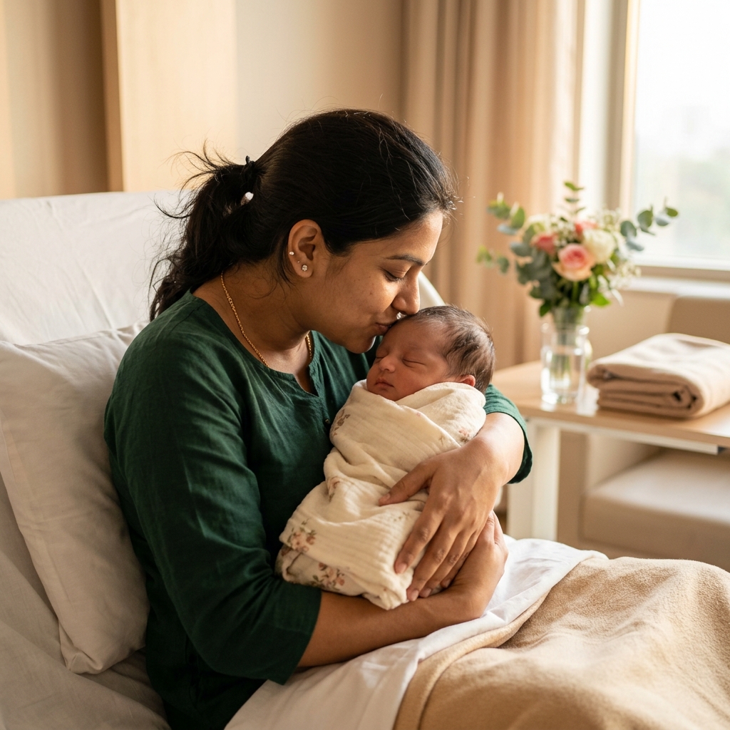 Happy mother with newborn baby in Barmer