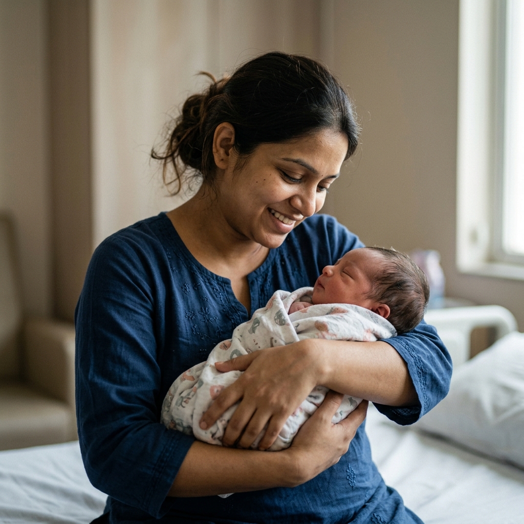 Happy mother with newborn baby in Sikar