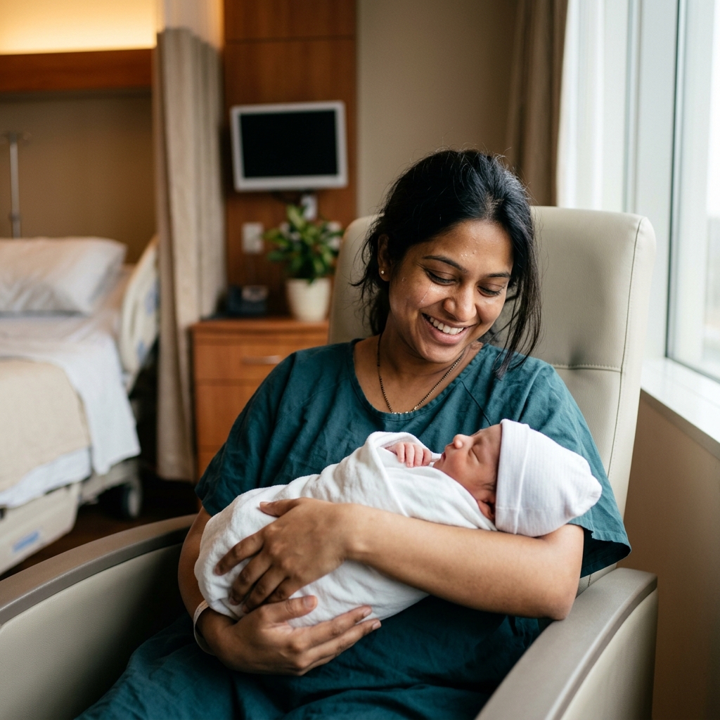 Happy mother with newborn baby in Barmer
