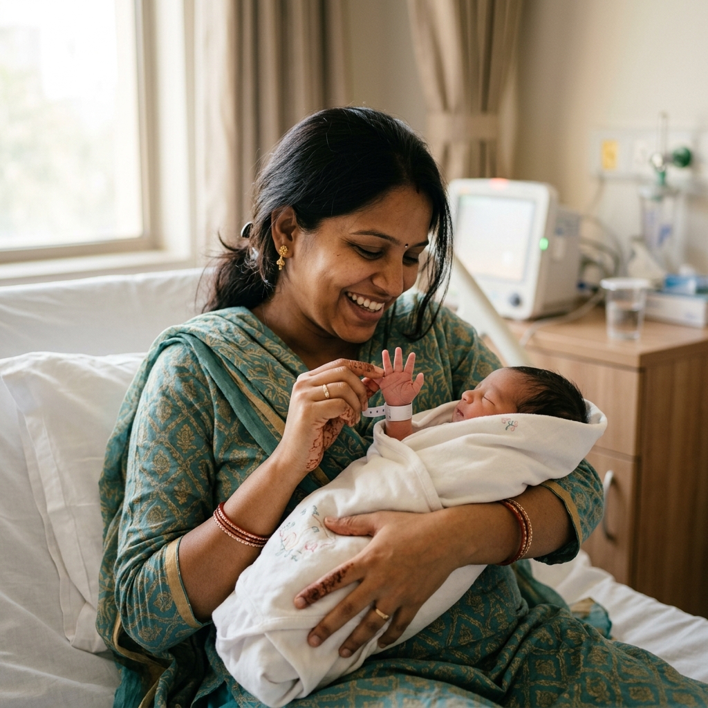 Happy mother with newborn baby in Bikaner